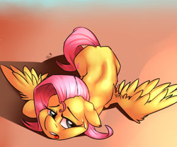 Size: 1200x1000 | Tagged: safe, artist:passigcamel, imported from derpibooru, fluttershy, pegasus, pony, dock, female, floppy ears, hot, mare, misleading thumbnail, solo, spread wings, sweat, tired, wings