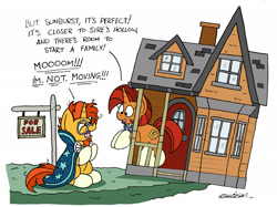 Size: 2388x1786 | Tagged: safe, artist:bobthedalek, imported from derpibooru, stellar flare, sunburst, pony, unicorn, a series of unfortunate events, angry, atg 2018, cliff, coat markings, female, house, implied shipping, implied starburst, implied starlight glimmer, male, mare, mother and son, mothers gonna mother, newbie artist training grounds, shipper flare, sign, simple background, socks (coat marking), socks (coat markings), stallion, sunburst is not amused, that pony sure does want grandfoals, this will end in death, this will end in tears and/or death, this will not end well, unamused, up, white background