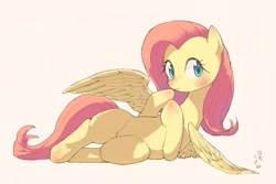 Size: 1800x1200 | Tagged: safe, artist:yanamosuda, imported from derpibooru, fluttershy, pegasus, pony, blushing, cute, female, mare, on side, shyabetes, side, simple background, solo