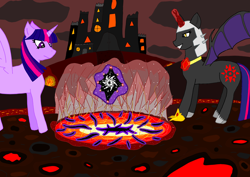 Size: 2000x1414 | Tagged: safe, artist:katya, imported from derpibooru, twilight sparkle, oc, oc:fallenlight, alicorn, pony, amulet, castle, hellfire, lava, portal, twilight sparkle (alicorn)