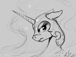 Size: 1200x900 | Tagged: safe, artist:amarynceus, imported from derpibooru, nightmare moon, pony, crying, ethereal mane, fangs, female, floppy ears, gray background, grayscale, helmet, looking back, mare, monochrome, signature, simple background, sketch, solo