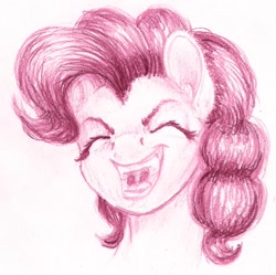 Size: 1024x1021 | Tagged: safe, artist:thatonegib, imported from derpibooru, pinkie pie, earth pony, pony, bust, eyelashes, eyes closed, female, mare, monochrome, open mouth, pencil drawing, portrait, simple background, smiling, solo, traditional art, white background