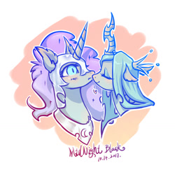 Size: 1191x1158 | Tagged: safe, artist:midnight black, imported from derpibooru, nightmare moon, queen chrysalis, alicorn, changeling, chrysmoon, cute, cutealis, female, kissing, lesbian, mare, moonabetes, shipping, smiling