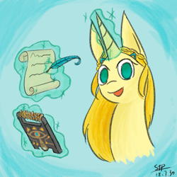 Size: 800x800 | Tagged: safe, artist:sunnytp, deleted from derpibooru, imported from derpibooru, pony, unicorn, bust, female, magic, mare, ponies of the wild, ponified, portrait, princess zelda, scroll, sheikah slate, solo, the legend of zelda