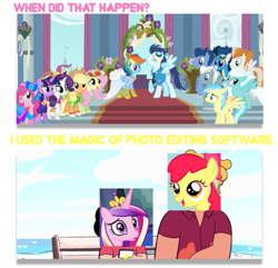 Size: 693x668 | Tagged: safe, imported from derpibooru, apple bloom, applejack, fire streak, fleetfoot, fluttershy, high winds, misty fly, pinkie pie, princess cadance, rainbow dash, rarity, silver lining, silver zoom, soarin', twilight sparkle, wave chill, hearts and hooves day (episode), mane six, meme, rocknaldo (steven universe), ronaldo fryman, shipping denied, show accurate, soarindash denied, steven quartz universe, steven universe
