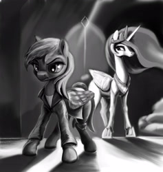 Size: 3539x3732 | Tagged: safe, artist:ponsce, imported from derpibooru, princess celestia, rainbow dash, alicorn, pegasus, pony, black and white, clothes, female, grayscale, jacket, leather jacket, mare, monochrome