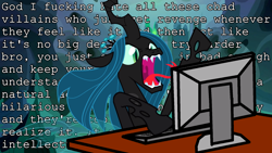 Size: 1920x1080 | Tagged: safe, artist:dwk, edit, edited screencap, imported from derpibooru, screencap, queen chrysalis, changeling, changeling queen, totally legit recap, the mean 6, angry, chad, changeling hive, computer, faic, female, forked tongue, hissing, incel, politics in the comments, rage, rant, solo, vulgar, youtube link