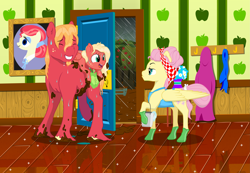 Size: 4659x3224 | Tagged: safe, artist:kaleysia, color edit, colorist:zoness, edit, imported from derpibooru, big macintosh, fluttershy, oc, oc:cellini, pegasus, pony, apron, bucket, cellini riding big macintosh, clothes, colored, family, female, filly, fluttermac, freckles, grin, hair up, handkerchief, high res, hoof glove, male, mare, mud, muddy, nervous, nervous grin, offspring, parent:big macintosh, parent:fluttershy, parents:fluttermac, ponies riding ponies, rain, raised hoof, riding, rubber gloves, shipping, smiling, stallion, story included, straight, sweat, sweatdrop, unamused, unshorn fetlocks, wet, wet mane