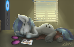 Size: 2000x1279 | Tagged: safe, artist:phoenixrk49, imported from derpibooru, dj pon-3, octavia melody, vinyl scratch, pony, unicorn, blinds, cellphone, cute, female, frog (hoof), glasses, lying down, mare, on side, phone, sleeping, smartphone, solo, speaker, speakers, underhoof, vinylbetes