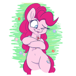 Size: 1500x1500 | Tagged: safe, artist:heir-of-rick, imported from derpibooru, pinkie pie, dragon, earth pony, pony, belly button, female, flower, hug, mare, one eye closed, tongue out, wink