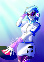 Size: 2480x3507 | Tagged: safe, artist:mantarwolf, imported from derpibooru, dj pon-3, vinyl scratch, equestria girls, clothes, female, glasses, headphones, leggings, looking at you, record, solo, speedpaint available