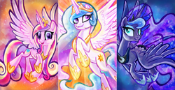 Size: 1024x528 | Tagged: safe, artist:sophillia, imported from derpibooru, princess cadance, princess celestia, princess luna, alicorn, pony, alicorn triarchy, crown, female, flying, grin, heart eyes, high res, jewelry, mare, open mouth, open smile, regalia, royal sisters, siblings, sisters, smiling, spread wings, trio, trio female, wingding eyes, wings