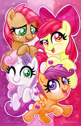 Size: 647x1000 | Tagged: safe, artist:sophillia, imported from derpibooru, apple bloom, babs seed, scootaloo, sweetie belle, earth pony, pegasus, pony, unicorn, adorababs, adorabloom, bow, cute, cutealoo, cutie mark crusaders, diasweetes, female, filly, looking at you, one eye closed