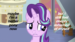 Size: 1920x1080 | Tagged: safe, edit, edited screencap, imported from derpibooru, screencap, starlight glimmer, pony, marks for effort, ashamed, book, door, drawer, female, frown, globe, gritted teeth, guidance counselor, image macro, looking away, meme, sad, school of friendship, shame, solo, starlight's office, text