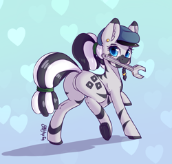 Size: 1735x1655 | Tagged: safe, artist:dsp2003, imported from derpibooru, oc, oc:carjack, zebra, abstract background, blushing, butt, cape, clothes, featureless crotch, female, frog (hoof), heart, looking at you, plot, solo, underhoof, wrench, zebra oc