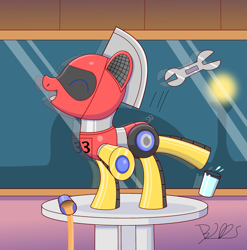 Size: 1801x1820 | Tagged: safe, artist:trackheadtherobopony, imported from derpibooru, oc, oc only, oc:trackhead, pony, robot, robot pony, cafe, glass, juice, signature, solo, spill, table, table dancing, water, wrench