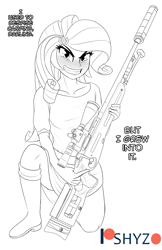 Size: 1052x1628 | Tagged: safe, artist:pshyzomancer, imported from derpibooru, rarity, equestria girls, black and white, blushing, female, grayscale, gun, gun safety, lineart, monochrome, solo, sv-98, text, trigger discipline, weapon