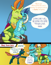 Size: 1024x1308 | Tagged: safe, artist:azurllinate, imported from derpibooru, pharynx, princess ember, thorax, changedling, changeling, dragon, changeling overfeeding, changeling x dragon, chunkling, comic, cross-popping veins, dragoness, embrax, exclamation point, fat, female, interrobang, interspecies, king thorax, male, older, overweight, prince pharynx, question mark, shipping, sitting, straight, thorlard, weight gain