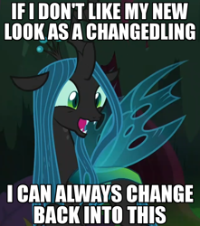 Size: 836x944 | Tagged: safe, edit, edited screencap, imported from derpibooru, screencap, queen chrysalis, changedling, changeling, changeling queen, pony, the mean 6, adorkable, character development, cropped, cute, cutealis, dork, dorkalis, excited, female, fridge brilliance, happy, image macro, meme, meta, mind blown, open mouth, pun, realization, reformed, shapeshifting, silly, silly pony, solo, sudden realization