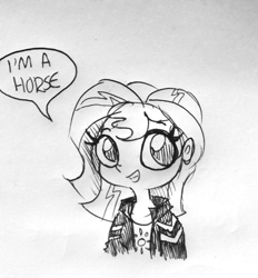 Size: 1066x1149 | Tagged: safe, artist:tjpones, imported from derpibooru, sunset shimmer, human, equestria girls, black and white, bust, cute, dialogue, female, grayscale, monochrome, sketch, solo, speech bubble, traditional art, truth