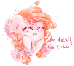 Size: 1112x984 | Tagged: safe, artist:pinkablue, imported from derpibooru, oc, oc only, oc:flowering, earth pony, pony, blushing, bow, braid, braided pigtails, bust, cute, description is relevant, dialogue, ear fluff, eyes closed, female, flower, flower in hair, hair bow, mare, ocbetes, pigtails, simple background, solo, white background