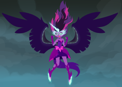 Size: 3500x2500 | Tagged: safe, artist:renka2802, artist:tigra0118, imported from derpibooru, sci-twi, twilight sparkle, alicorn, equestria girls, friendship games, bare shoulders, clothes, colored sclera, dress, female, fingerless gloves, floating, gloves, lineless, midnight sparkle, open mouth, shrunken pupils, solo, strapless