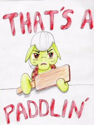 Size: 2393x3198 | Tagged: safe, artist:40kponyguy, derpibooru exclusive, imported from derpibooru, granny smith, pony, annoyed, female, hoof hold, implied spanking, looking at you, paddle, reaction image, simple background, solo, the simpsons, traditional art, white background