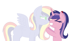 Size: 1024x594 | Tagged: safe, artist:bellalovesans04, imported from derpibooru, oc, oc only, oc:amethyst glow, oc:paint swirl, ghost, pegasus, pony, unicorn, kindverse, female, mother and daughter, offspring, offspring's offspring, parent:oc:paint swirl, parent:oc:royal splendor, parent:rainbow dash, parent:soarin', parents:oc x oc, parents:soarindash