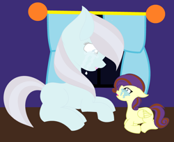 Size: 2648x2160 | Tagged: safe, artist:amellia-rose, imported from derpibooru, arctic lily, oc, oc:lucid lemondrop, earth pony, ghost, pegasus, pony, kindverse, crying, looking at each other, parent:oc:indigo dreams, parent:oc:star shooter