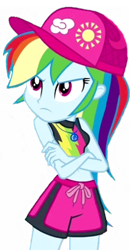 Size: 251x471 | Tagged: safe, edit, edited screencap, editor:lonely fanboy48, imported from derpibooru, screencap, rainbow dash, equestria girls, equestria girls series, forgotten friendship, cap, clothes, crossed arms, female, hat, not a vector, rainbow dash is not amused, rainbow dash's beach shorts swimsuit, simple background, solo, swimsuit, transparent background, unamused