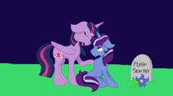 Size: 1152x642 | Tagged: safe, artist:summersketch-mlp, imported from derpibooru, twilight sparkle, oc, oc:dusk star, alicorn, kindverse, crying, female, gravestone, implied death, implied flash sentry, male, mother and son, parent:silver script, parent:twilight sparkle, parents:twiscript, twilight sparkle (alicorn)