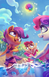 Size: 1181x1838 | Tagged: safe, artist:holivi, imported from derpibooru, apple bloom, scootaloo, sweetie belle, anthro, fish, plantigrade anthro, armpits, barefoot, beach, belly button, bikini, clothes, cutie mark crusaders, feet, female, midriff, sports, sun, swimsuit, tankini, volleyball, water