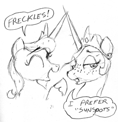 Size: 1237x1280 | Tagged: safe, artist:arrjaysketch, imported from derpibooru, princess celestia, princess luna, alicorn, pony, 10 minute art challenge, dialogue, duo, freckles, lineart, monochrome, sketch