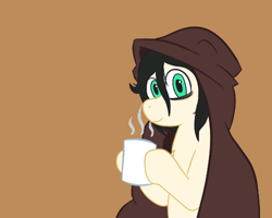 Size: 500x400 | Tagged: safe, artist:scraggleman, imported from derpibooru, oc, oc only, oc:floor bored, earth pony, pony, blanket, coffee, coffee mug, comfy, hoof hold, looking at you, messy mane, mug, smiling, solo