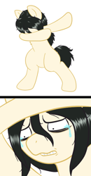 Size: 400x768 | Tagged: safe, artist:scraggleman, imported from derpibooru, oc, oc only, oc:floor bored, earth pony, pony, semi-anthro, 2 panel comic, bipedal, chest fluff, comic, crying, dab, female, gritted teeth, looking down, mare, messy hair, messy mane, messy tail, sad, sad dab, simple background, solo, teary eyes, teeth, wavy mouth, white background, wide eyes