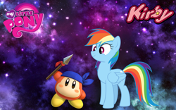 Size: 1440x900 | Tagged: safe, artist:arcgaming91, artist:mortris, imported from derpibooru, rainbow dash, pegasus, pony, bandana, bandana waddle dee, crossover, duo, female, kirby, kirby (series), kirby star allies, male, mare, smiling, spear, waddle dee, weapon