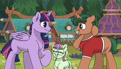 Size: 2048x1171 | Tagged: safe, artist:pastel-charms, imported from derpibooru, timber spruce, twilight sparkle, oc, oc:pansy everfree, alicorn, earth pony, pony, adopted offspring, female, filly, glasses, parent:twilight sparkle, story in the comments, story included, twilight sparkle (alicorn)