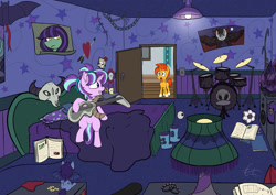 Size: 1280x905 | Tagged: safe, artist:calena, imported from derpibooru, starlight glimmer, sunburst, pony, unicorn, the parent map, bedroom, bits, bloodshot eyes, book, boots, bracelet, colt sunburst, drums, easter egg, edgelight glimmer, emo, eyeball, female, filly, filly starlight glimmer, football, goth, guitar, headcanon, horns, implied oc, jewelry, kite, lampshade, musical instrument, pigtails, shoes, skateboard, skull, sports, starlight's room, subwoofer, teenage glimmer, teenager, younger