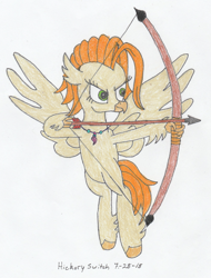 Size: 1024x1346 | Tagged: safe, artist:hickory17, color edit, edit, imported from derpibooru, oc, oc only, oc:swift arrow, classical hippogriff, hippogriff, arrow, bow (weapon), bow and arrow, colored, female, floating, flying, hippogriff oc, jewelry, necklace, pearl, shooting, show accurate, simple background, solo, traditional art, weapon, white background, wings