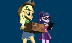 Size: 5120x3072 | Tagged: safe, artist:n3onh100, imported from derpibooru, applejack, sci-twi, twilight sparkle, equestria girls, 3d, box, clipboard, glasses, job, pencil, simple background