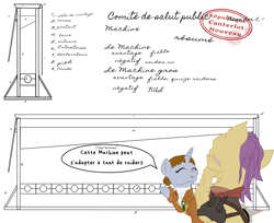 Size: 3060x2500 | Tagged: safe, artist:aaronmk, imported from derpibooru, oc, oc:littlepip, pony, unicorn, fallout equestria, atg 2018, clothes, dark, eyes closed, fanfic, fanfic art, female, french, guillotine, hooves, horn, mare, maximilien de robespierre, newbie artist training grounds, open mouth, raider, speech bubble, stamp, text