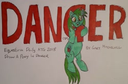 Size: 1610x1065 | Tagged: safe, artist:rapidsnap, imported from derpibooru, oc, oc only, oc:flyzone, pony, atg 2018, danger, hanging, literal, newbie artist training grounds, solo, traditional art