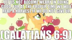 Size: 1920x1080 | Tagged: safe, edit, edited screencap, editor:useraccount, imported from derpibooru, screencap, applejack, pony, bats!, apple, bible, bible verse, christianity, female, food, galatians, image macro, meme, religion, solo, text