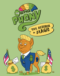 Size: 1368x1728 | Tagged: safe, artist:docwario, imported from derpibooru, earth pony, pony, american flag, donald trump, green background, horrifying, male, money, mouthpiece, op is a duck, op is trying to start shit, parody, politics, ponified, simple background, stallion, united states