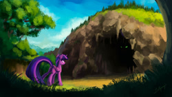 Size: 1920x1080 | Tagged: safe, artist:lollipony, imported from derpibooru, twilight sparkle, alicorn, pony, atg 2018, cave, eyes in the dark, female, mare, newbie artist training grounds, scenery, sky, slit eyes, slit pupils, tree, twilight sparkle (alicorn)