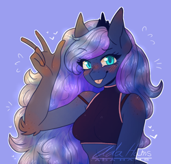 Size: 698x669 | Tagged: dead source, safe, artist:adahams, imported from derpibooru, princess luna, anthro, :p, blue background, blushing, bust, clothes, crown, cute, elbow fluff, female, freckles, jewelry, lunabetes, regalia, shoulder freckles, signature, silly, simple background, solo, tongue out