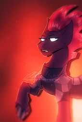 Size: 1194x1753 | Tagged: safe, artist:adahams, imported from derpibooru, tempest shadow, pony, unicorn, my little pony: the movie, broken horn, female, mare, open mouth, scene interpretation, signature, singing, solo