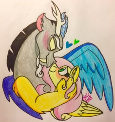 Size: 2281x2416 | Tagged: safe, artist:sugarkittycat04, imported from derpibooru, discord, fluttershy, pegasus, pony, blushing, discoshy, duo, female, heart, male, shipping, signature, straight, traditional art