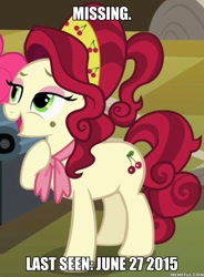 Size: 600x814 | Tagged: safe, edit, edited screencap, imported from derpibooru, screencap, cherry jubilee, pony, the last roundup, cropped, female, image macro, meme, memeful.com, missing, solo