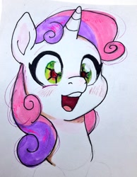 Size: 794x1024 | Tagged: safe, artist:imalou, imported from derpibooru, sweetie belle, pony, robot, unicorn, blushing, bust, cute, diasweetes, female, filly, looking at you, open mouth, simple background, smiling, solo, sweetie bot, traditional art